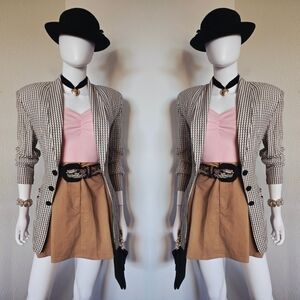 Houndstooth Blazer with Pink Top and Tan Skirt